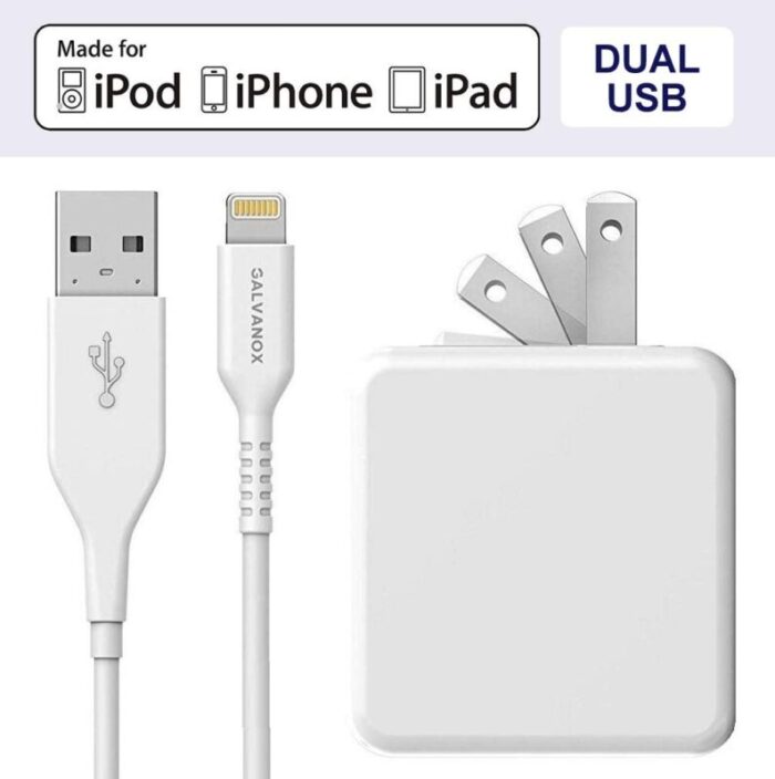 Lightning to USB Charging Cable Plus Dual USB Port Wall Plug 17W 5ft Cable White