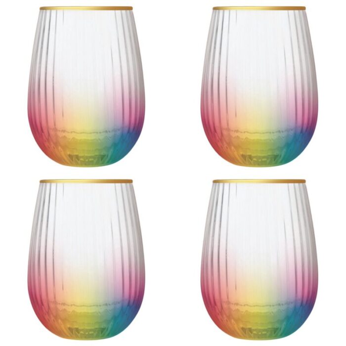 Set of 4 Rainbow Beveled Stemless Wine Glass 19 oz