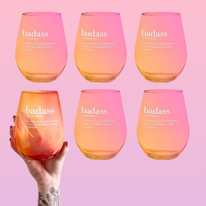 Set of 6 Badass Jumbo Stemless Wine Glass in Orange Pink Ombre 30 Oz Holds an Entire Bottle of Wine