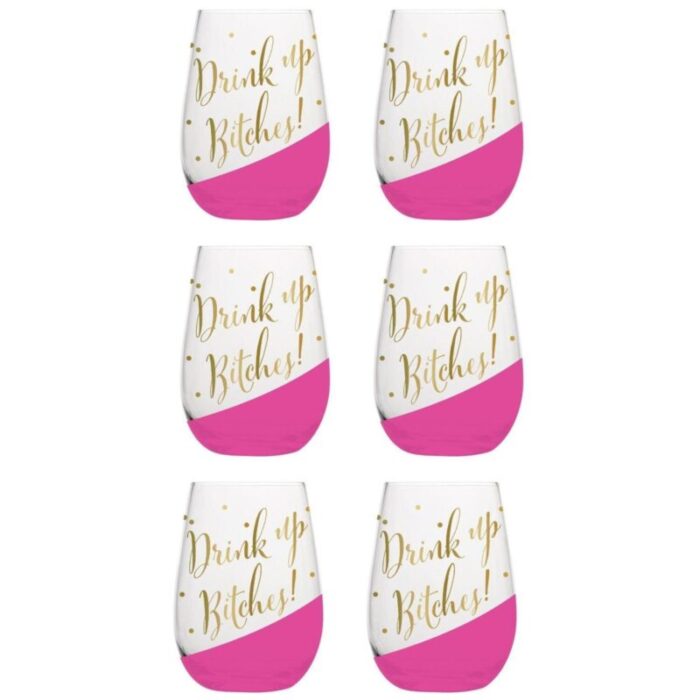 Set of 6 Drink Up Bitches 20 oz Stemless Wine Glass 3