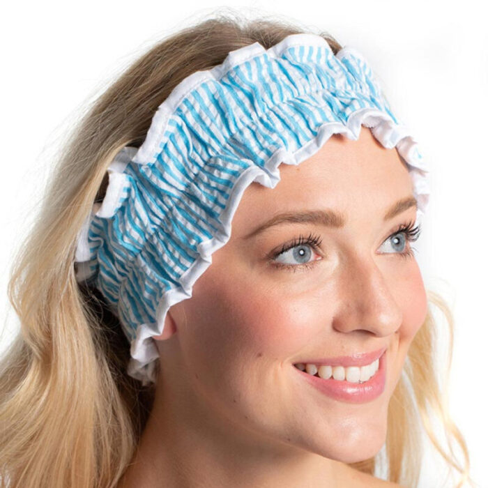 Turquoise Seersucker Spa Headband Hair Band for Skincare Facial After Shower 2