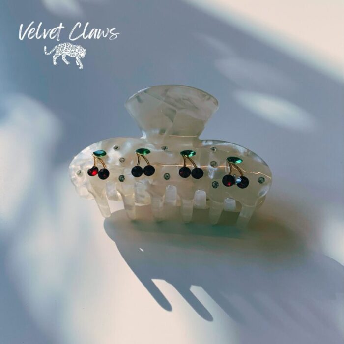 Velvet Claws Hair Clip Cherries in Crystal White Claw Clip in Velvet Travel Bag 2