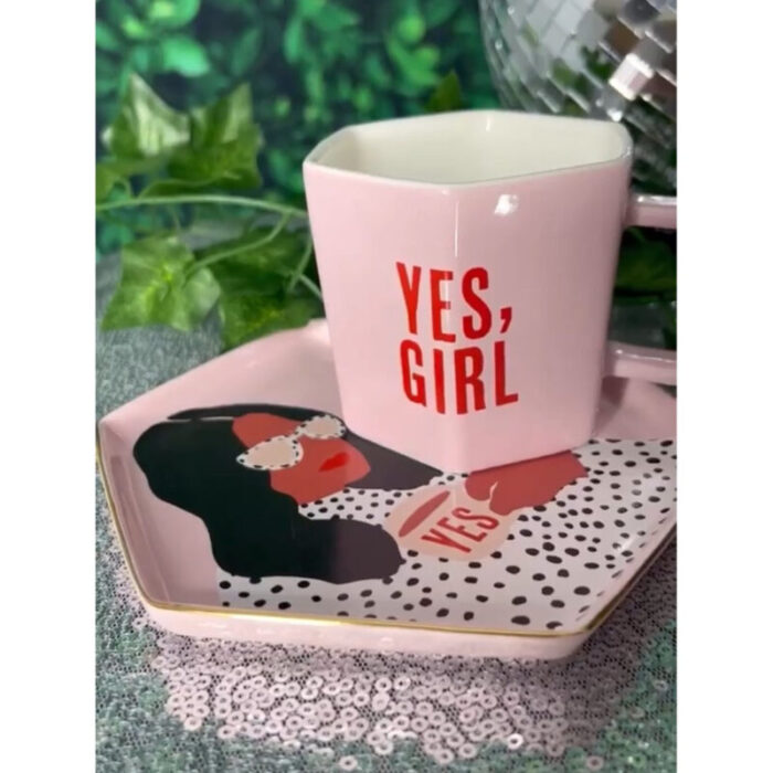 Yes Girl Hexagon Mug Saucer Set in Pink 4