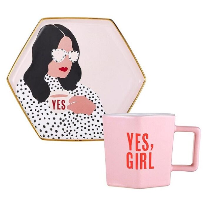 Yes Girl Hexagon Mug Saucer Set in Pink