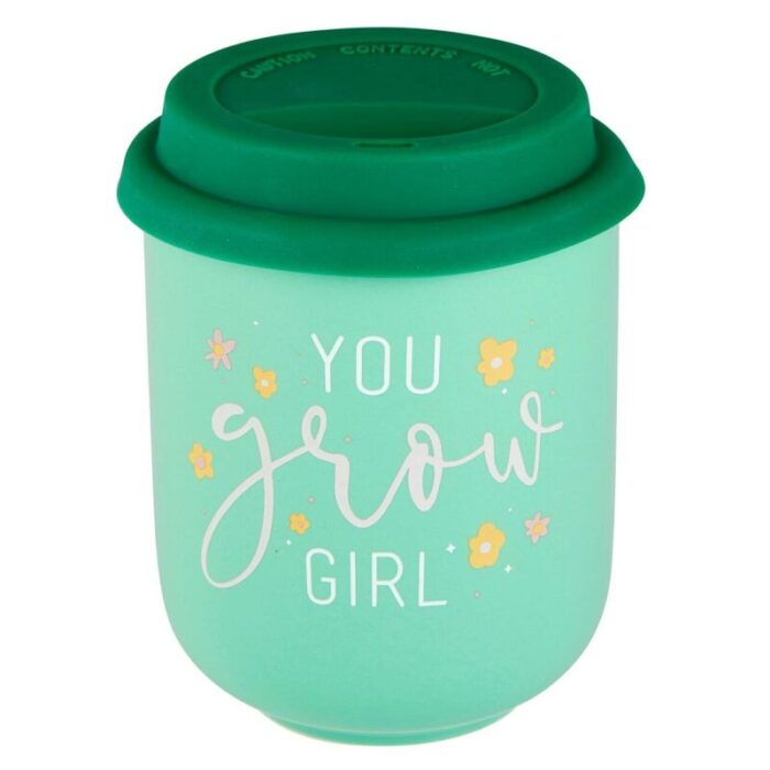 You Grow Girl Ceramic To Go Mug Holds 16 oz Eco Mug with Silicone Lid and Sleeve